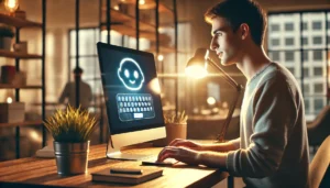 Una persona sentada en un escritorio, tecleando en un portátil con una interfaz de chatbot en la pantalla. La escena se desarrolla en una habitación bien iluminada con una decoración moderna.