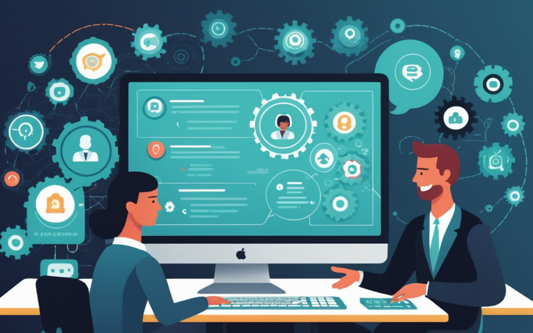 imagen que muestra la interfaz de un chatbot en la pantalla de un ordenador, con iconos que representan el servicio al cliente, la reducción de costes y las experiencias personalizadas