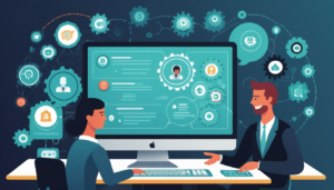 imagen que muestra la interfaz de un chatbot en la pantalla de un ordenador, con iconos que representan el servicio al cliente, la reducción de costes y las experiencias personalizadas